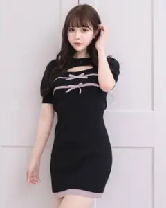 Piumリボンテープレイヤード半袖ニットワンピ黒