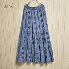 ザラ コットン刺繍ティアードロングスカート　カットワーク マキシ XS ブルー
