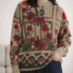 90sヴィンテージ風 花柄総柄ニット レトロ古着