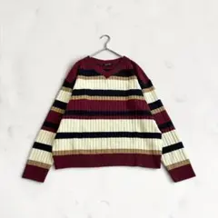 One Way ワンウェイ Ｖネック ボーダー柄 リブニット ワインレッド M