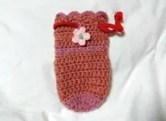 ハンドメイド♪手編み_ペットボトルカバー 小サイズ (オレンジ 小花)