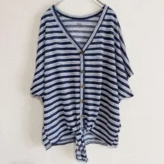 美品⭐️ ボーダー 半袖カットソー Vネック 裾結び L 紺 白 薄手 トップス