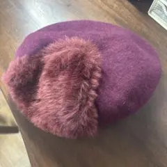 ワインレッド ベレー帽 ウールとファー