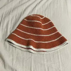 ボーダー ニット バケットハット オレンジ 古着風 クロシェハット　ビーニー