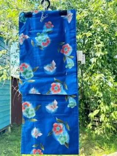 新品未使用　ノーブランド　浴衣　青　蝶々　赤花柄　165cm S〜Mサイズ