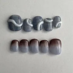 【no.58】ネイルチップ　ベリーショート　ブルー×ブラウン　ぷっくり　チェック