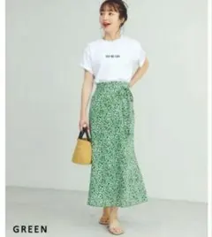【新品】花柄 ラップ風スカート グリーン 裏地付きのサムネイル