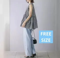 ギンガムチェック ペプラム ノースリーブフリルブラウス ティアードチュニック 夏