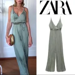 ZARA サテン ジャンプスーツ リンクルエフェクト カーキ M 新品