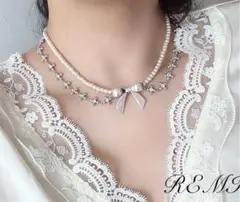 パール リボン ビジュー 2連 チョーカー ネックレス 韓国