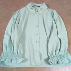 26　S　ZARA ラインストーン フルイドシャツ ブラウス グリーン