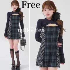 新品タグ付き ダーリッチ ニットボレロダブルチェックミニワンピース ネイビー F