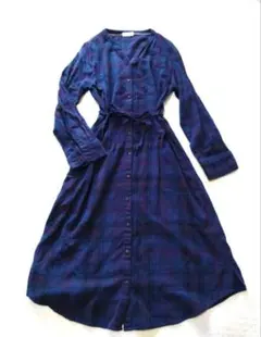 シャツロングワンピース チェック ウエストリボン 前開き ネイビー 2WAY