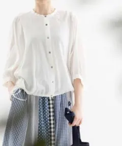 nop de nod Pomme ヘリンボーンガーゼふんわり袖ブラウス