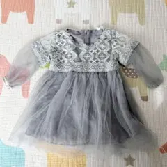 グレー刺繍レース長袖ワンピース