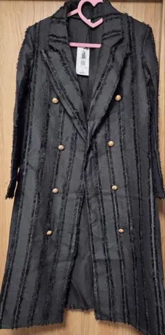 ストライプ柄 ブラックロングコート S