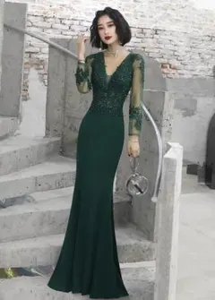 ナイトドレス Vネック ビジュー セクシー タイト シアースリーブ 全4色