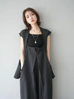 サロペットワイドパンツ ヘリンボーンストライプサス付サロペット 黒 