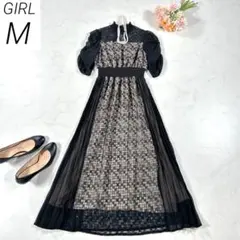 GIRL　レース×オーガンジーサイドプリーツチェック フレア パーティードレス