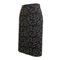 【921】CELLERBAM 幾何学模様 黒ベージュ ひざ丈スカート