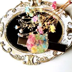 ヘアクリップ　7色にゃんこ　レインボーカラー　かすみ草　ドライフラワー　オーダー