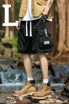 大特価❕メンズ カーゴ パンツ ロゴ ショート人気 黒 L 旅行 夏