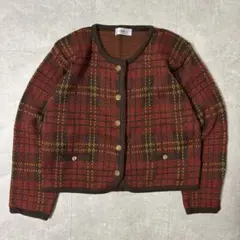 ‼️セール‼️ 昭和レトロ チェック ニットカーディガン L ノーカラージャケット風