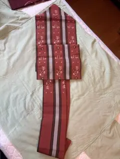 名古屋帯 赤茶色とグレーのストライプ　正絹