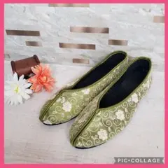 チャイナサテンシューズ 台湾刺繍 グリーン