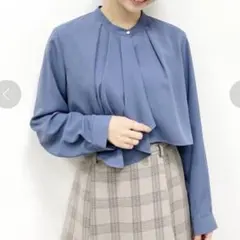index ジョーゼットラッフルブラウス 長袖 ブルー ボウタイ フリル 通勤