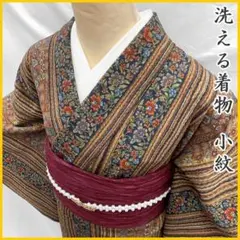 510mk60〇洗える着物！ 小紋 花唐草 縞 オリエンタル 焦げ茶色系〇