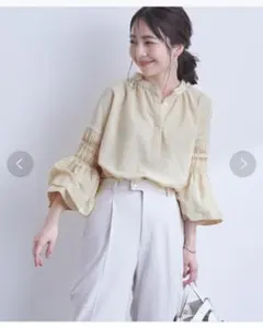 【美品】　VIS　袖シャーリングタックチュニックブラウス　長袖　フリーサイズ