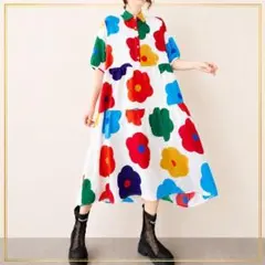 花柄 シャツワンピース ロングワンピース 大きいサイズ 半袖 カラフル F070
