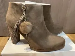 RANDA ブラウンスエード アンクルブーツ フリンジ LL 3E 25.5