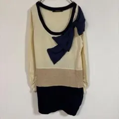 【ESTACOT】(M)大きめリボン付きバイカラーニットチュニック/フェミニン