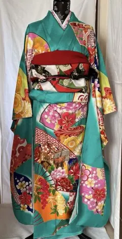 美品 正絹紅型調振袖7点フルセット 鶴 松竹梅 御所車 古典柄 成人式 