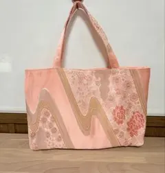 帯トートバッグ　ピンク花柄少し大きめ　値下げ！