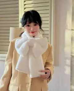 ファー風　リボンマフラー　アイボリー