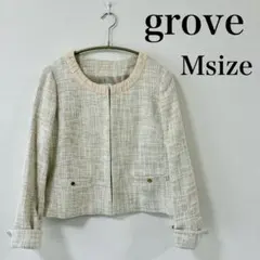 grove グローブ ノーカラージャケット ツイードジャケット ベージュ M 綿