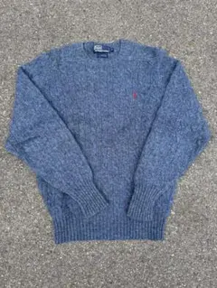 美品 90s ラルフローレン ウール ケーブル ニット セーター 刺繍ロゴ 青M