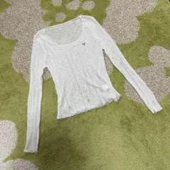 ホワイト リブ編み 長袖 Lサイズ ダメージ加工