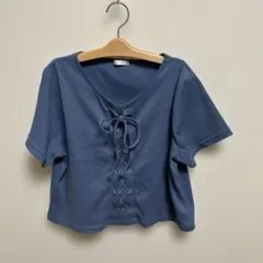 リボン付きVネック青半袖トップスのサムネイル