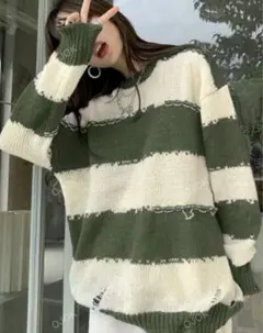 SHEIN ボーダーニット グリーン