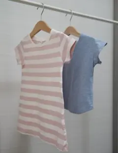 MUJI 無印良品　インド綿天竺編みボーダー半袖チュニック ピンク 水色T　90