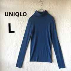 美品 UNIQLO L ブルー 極暖ヒートテックシームレスリブタートルネックT