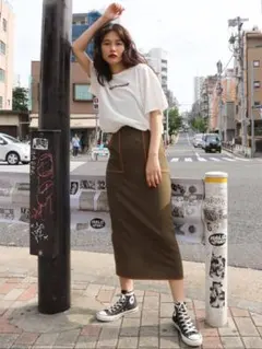 【値下げ】jouetie カーキ オレンジステッチ ロングスカート Mサイズ