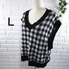 黒白チェック /Vネックニットベスト/Ｌサイズ