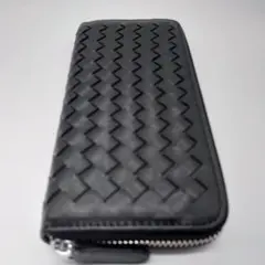 長財布 ブラック イントレチャート 編み込み ラウンドファスナー 黑色