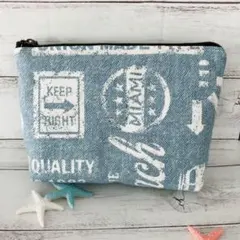 【マチ付きポーチM】デニム(リメイク) × サーフ(デニム調) 玉付きファスナー