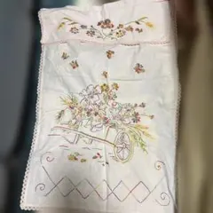 アンティーク 野草花＆梯子 色糸手刺繍 菫 紫橙黄 イエローリネン